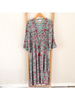 Mary Marshmallow Floral Boho Maxi Dress Mint Pink Tassel Tie Size Small
